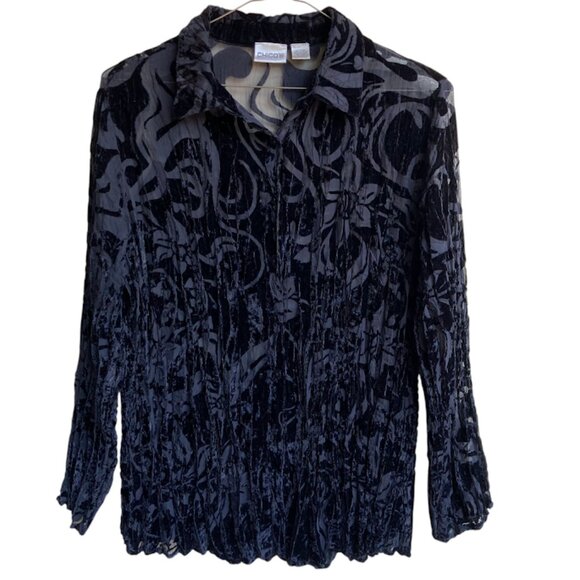CHICOS | Black Floral Burnout Velvet Crinkle Button Down 3/4 Sleeve Blouse Top - Picture 1 of 15